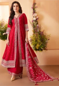 Embroidered art silk front slitted Pakistani suit festive wear