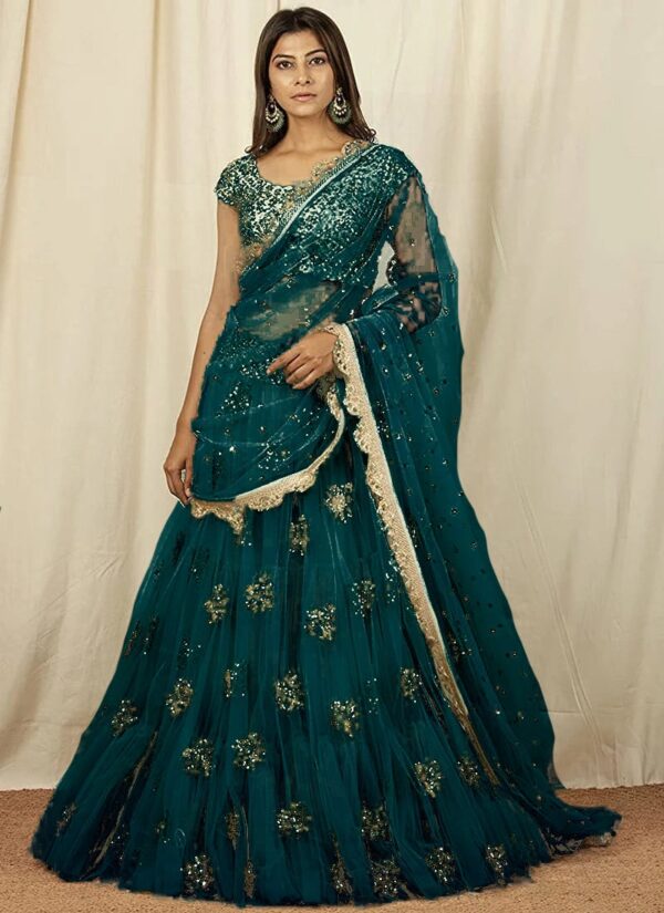 Teal green umbrella lehenga with sequins work wedding wear