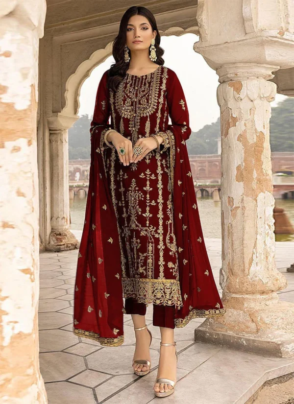 Maroon Georgette Embroidered Narrow Straight Pant Suit
