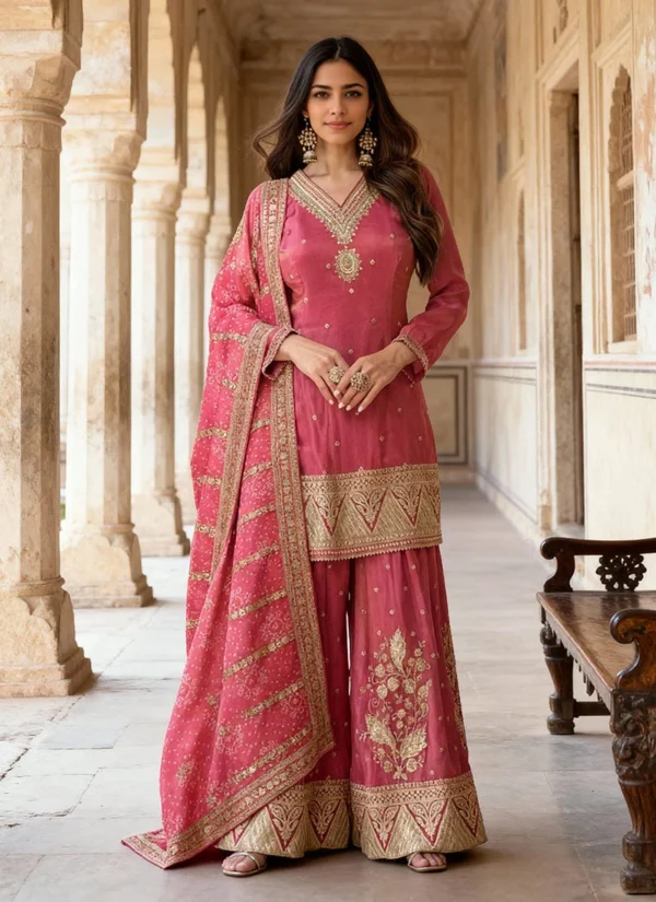 Pink Shimmer Silk embroidered sequins palazzo suit with Bandhani dupatta