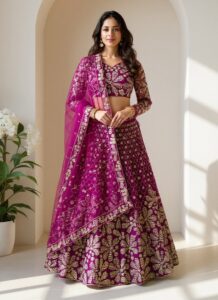 Magenta net umbrella lehenga with sequins and zari embroidery