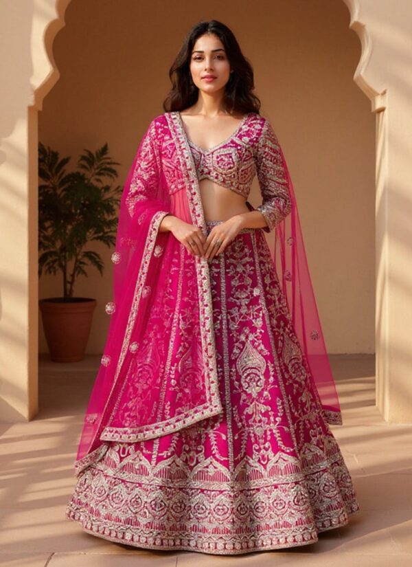 Pink festive net umbrella-cut lehenga choli with embroidered dupatta