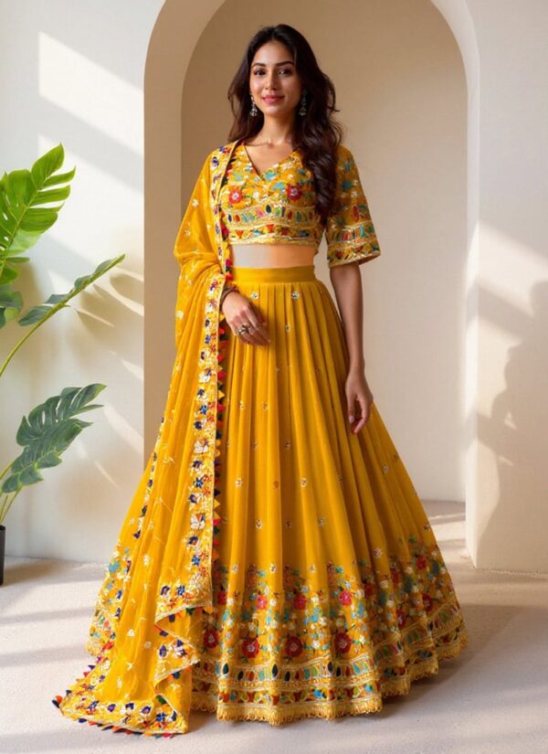 Yellow sequin umbrella-cut lehenga choli with attached dupatta