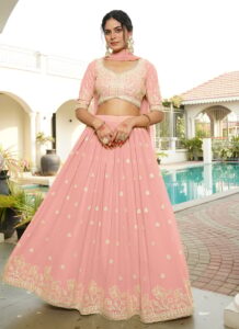 Pink faux georgette umbrella lehenga choli with thread embroidery and sequins