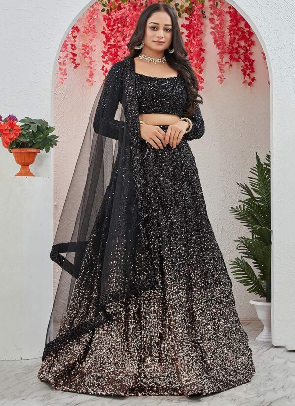 Black velvet umbrella lehenga choli with shimmery sequins and net dupatta