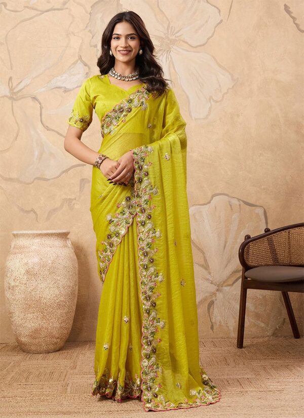 Yellow Chiffon Sequin Embroidered Saree festive wear