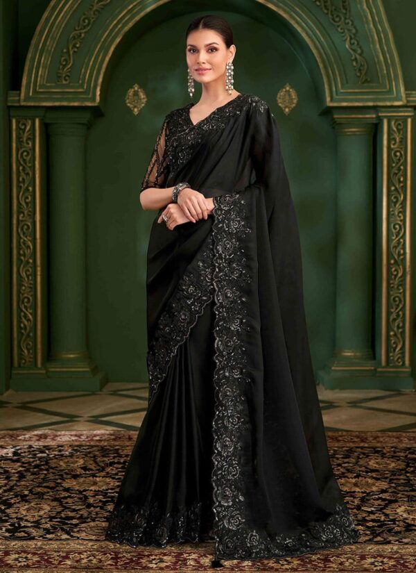 Black Georgette Zari embroidered sequin saree with lace border