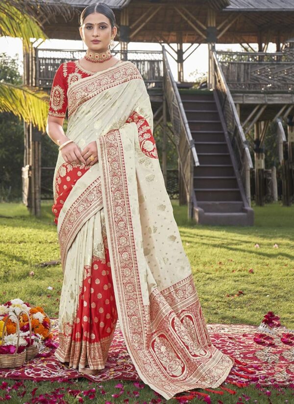 Offwhite and Red Benarasi Art Silk Saree with silver zari work