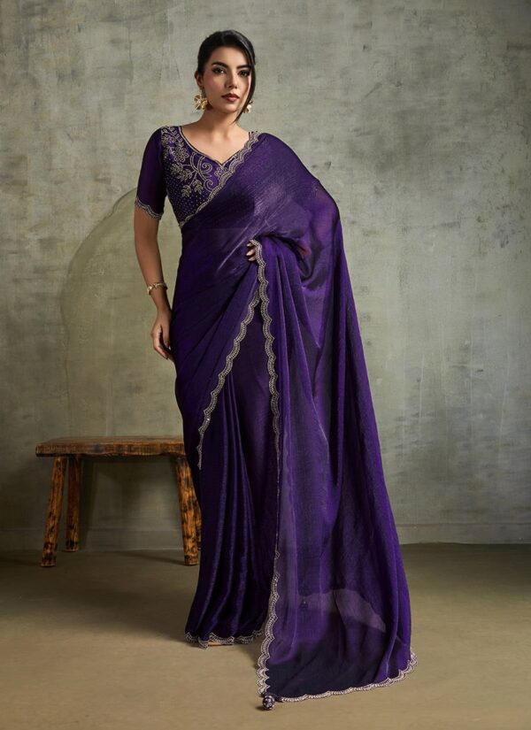 Violet faux chiffon saree with stone-embellished border
