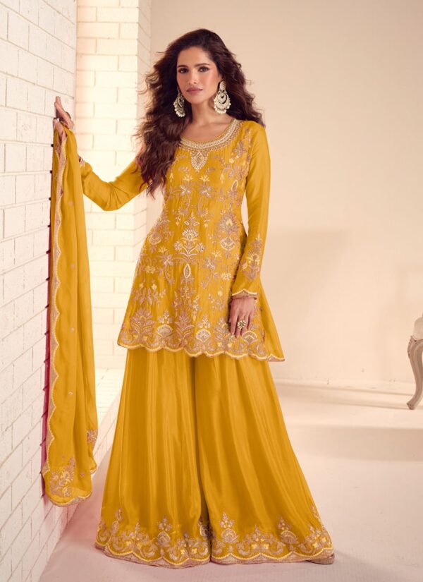 Yellow Chinon Sharara Suit – Zari Bead & Thread Embroidered Party Wear
