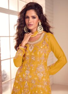 Yellow Chinon Sharara Suit – Zari Bead & Thread Embroidered Party Wear Side view