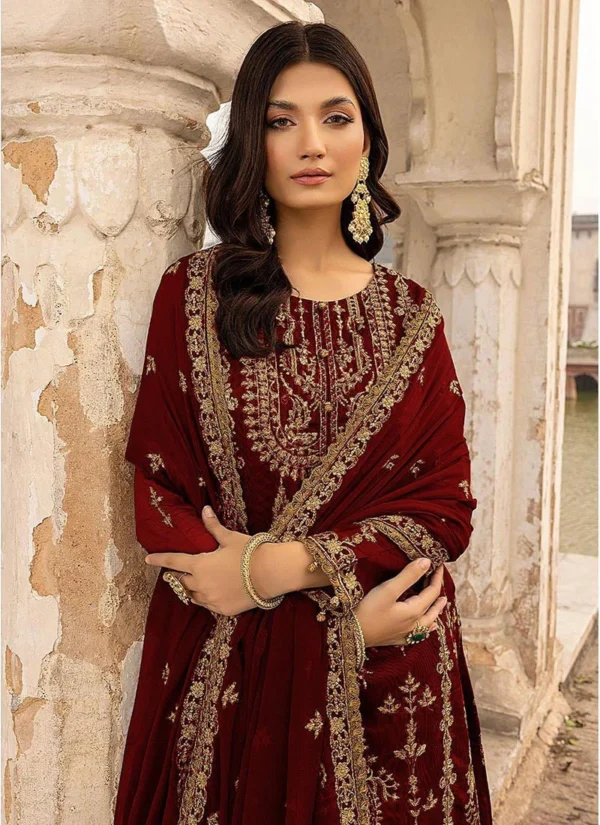 Maroon Georgette Embroidered Narrow Straight Pant Suit Side View