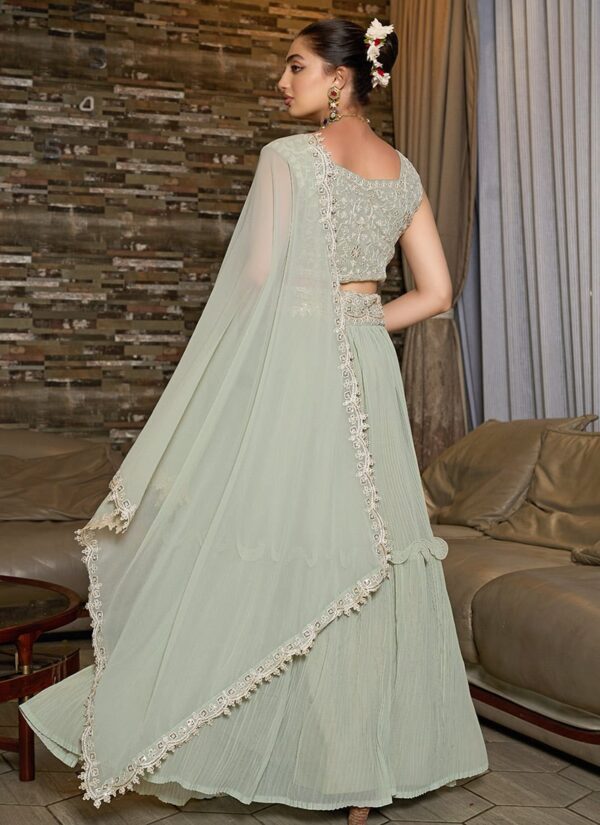 Dusty green faux georgette lehenga with sequins embroidery back view