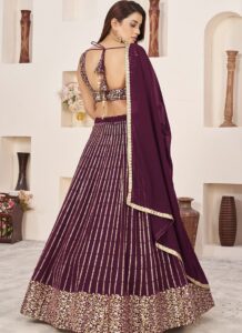 Wine georgette lehenga choli with zari and sequins embroidery back view