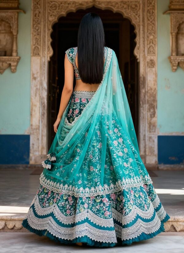 Aqua blue satin A-line lehenga with embroidery and stone work back view