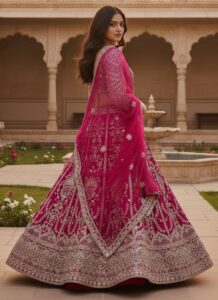 Pink festive net umbrella-cut lehenga choli with embroidered dupatta side view