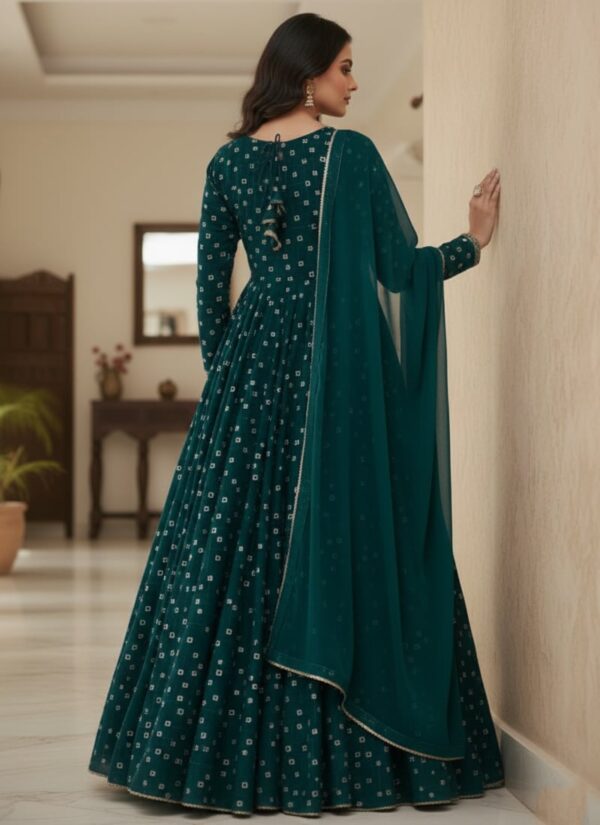 Teal Faux Georgette Anarkali Suit with embroidery and sequins Back View