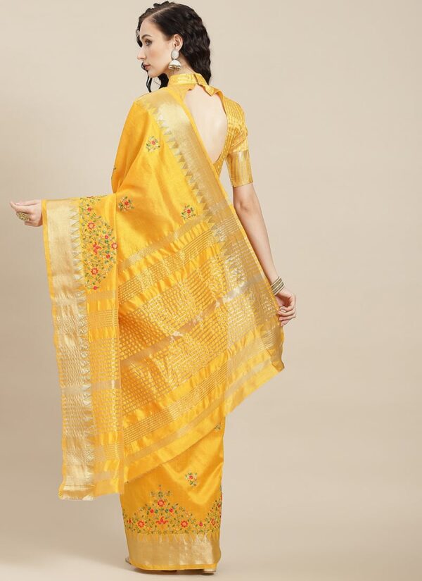 Yellow Assam Cotton Silk Saree with thread embroidery back view