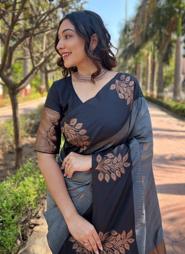 Grey Banarasi silk saree with zari jacquard work closeup view