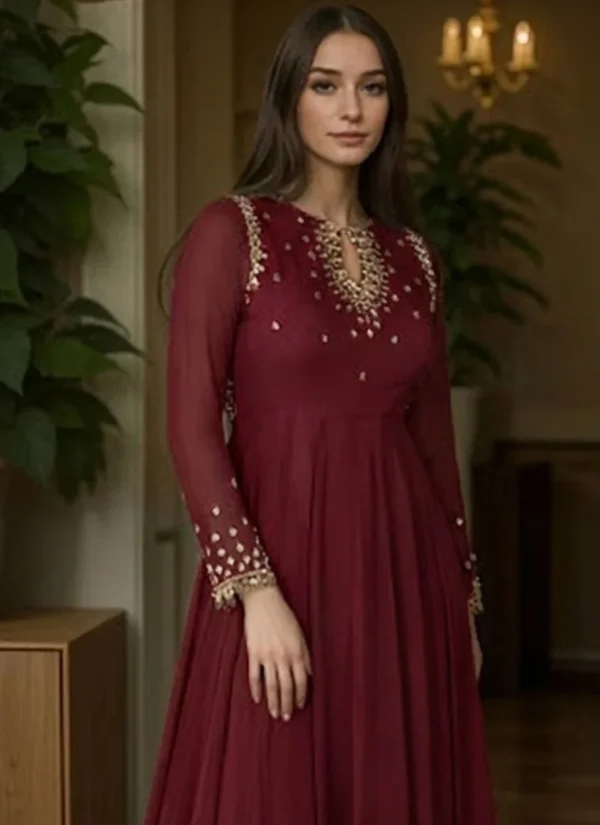 Maroon faux georgette Anarkali suit with beads and sequins side view