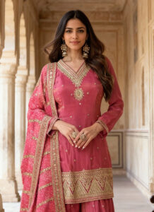 Pink Shimmer Silk embroidered sequins palazzo suit with Bandhani dupatta Closeup View