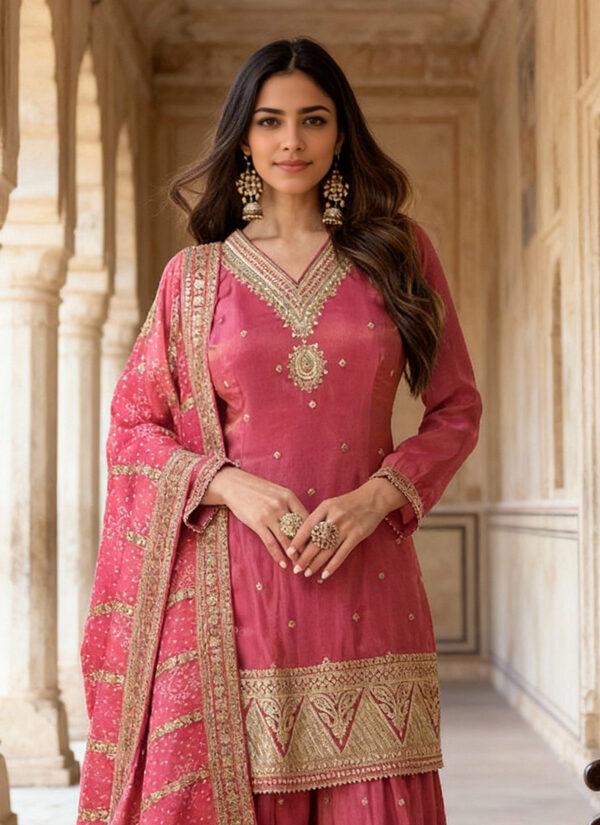 Pink Shimmer Silk embroidered sequins palazzo suit with Bandhani dupatta Closeup View