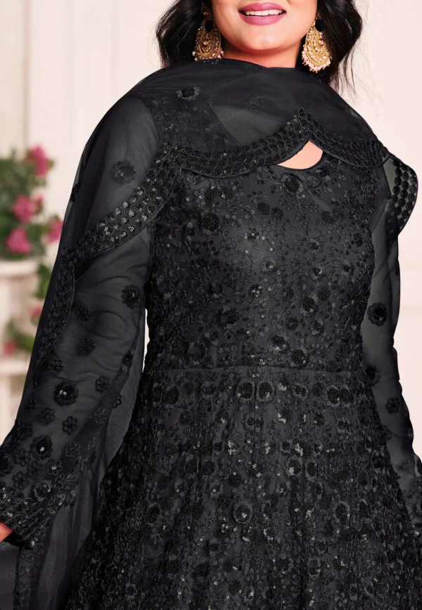 Black net embroidered abaya style suit party wear closeup view