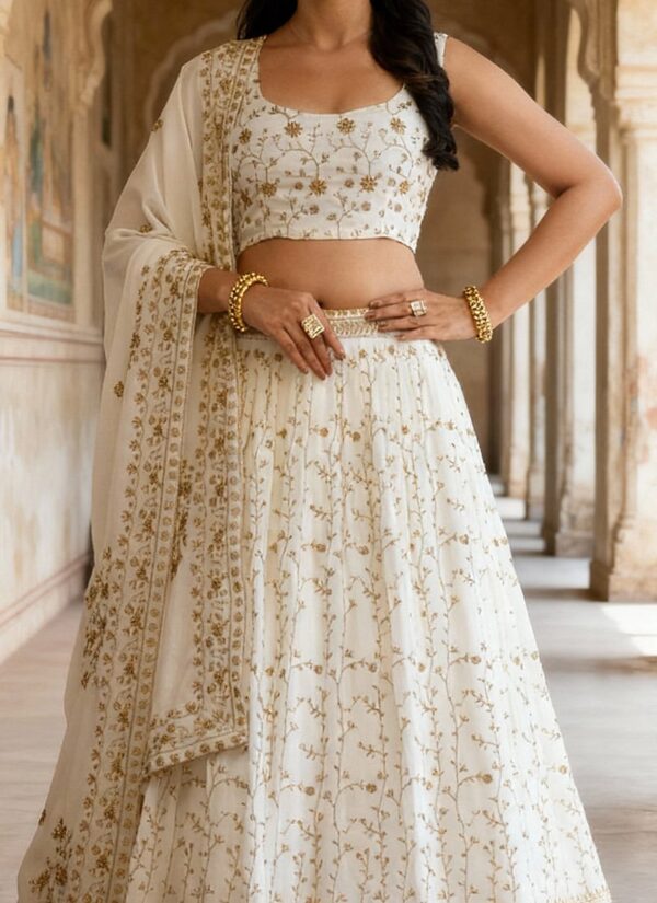 White faux georgette A-line lehenga with zari sequins work closeup view