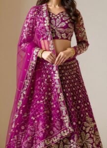 Magenta net umbrella lehenga with sequins and zari embroidery closeup view