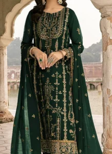 Close-up of embroidery on green georgette pant suit for party wear