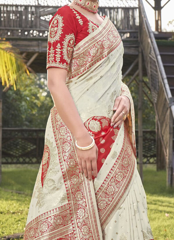Offwhite and Red Benarasi Art Silk Saree with silver zari work closeup view