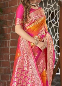 Yellow and Orange Benarasi Saree with golden zari jacquard work side view