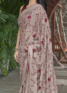 Elegant Grey Faux Georgette Saree wedding festive wear side view