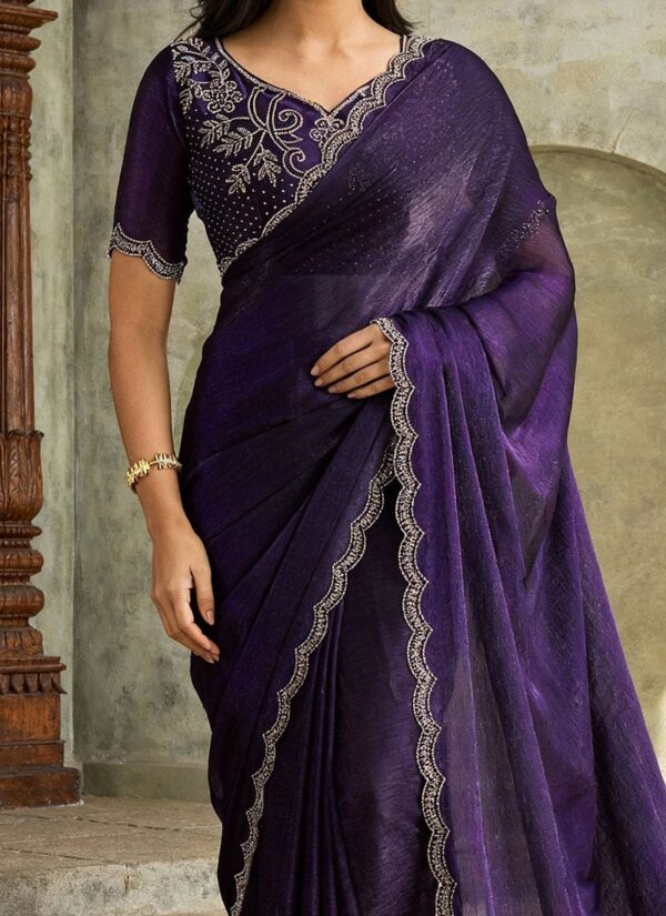 Violet faux chiffon saree with stone-embellished border closeup view