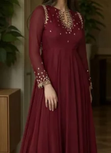 Maroon faux georgette Anarkali suit with beads and sequins close view