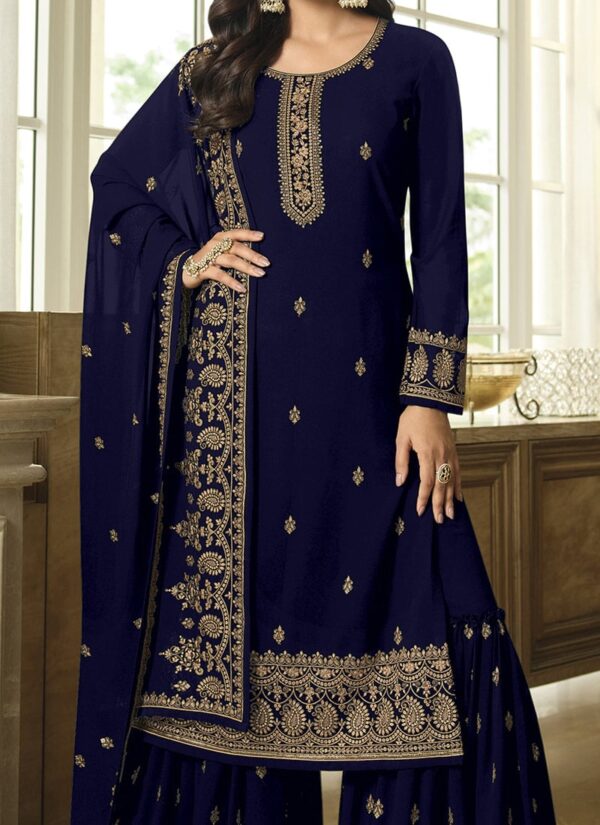 Blue Georgette Sharara Suit with embroidery party wear Closeup View