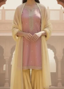 Pink georgette zari sequins sharara suit party wear closeup view