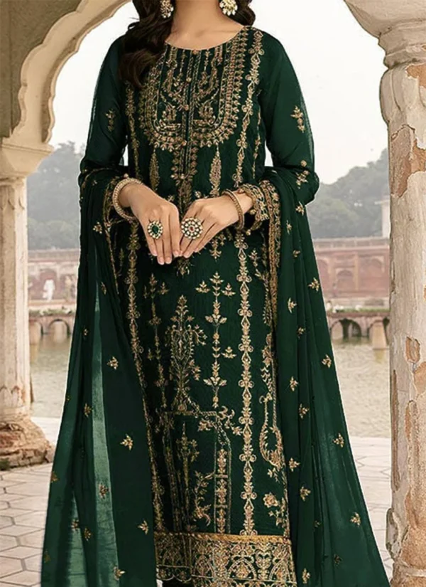 Close-up of embroidery on green georgette pant suit for party wear