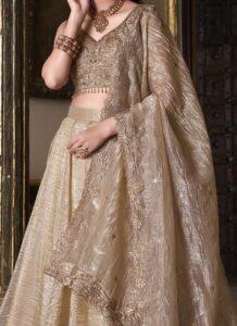 Beige crush silk umbrella lehenga choli with zari sequin work side view