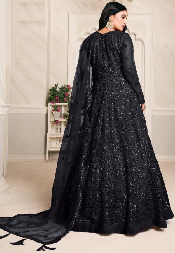 Black net embroidered abaya style suit party wear back view